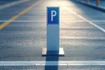 single blue parking sign placed on a clean gray pavement with subtle yellow and white lines
