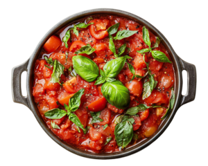 Delicious tomato sauce with basil leaves in bowl, isolated on transparent cutout background