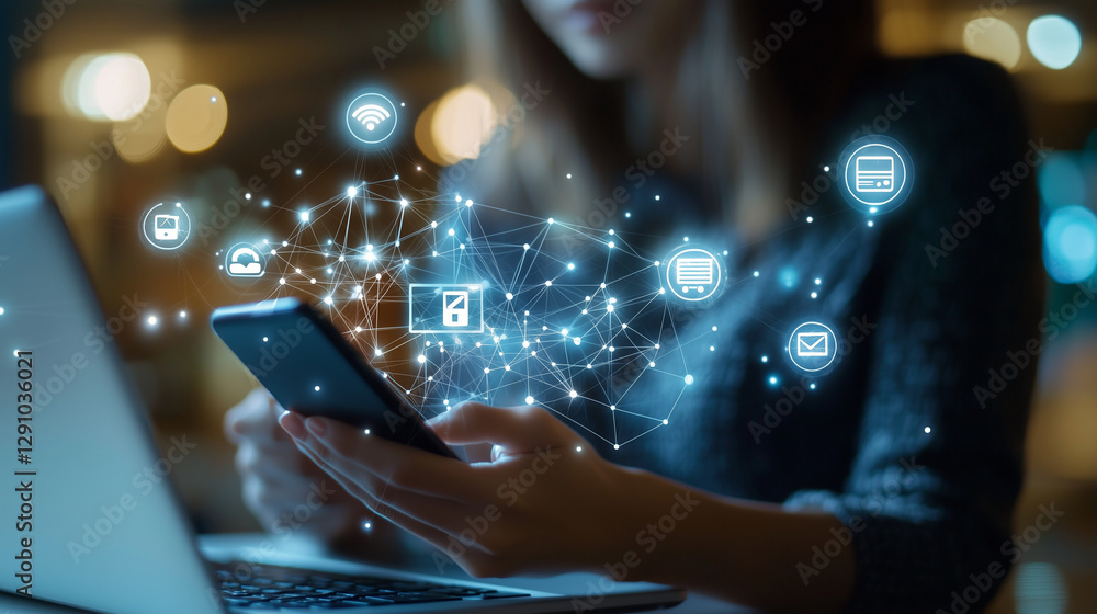 Poster digital marketing and iot in e-commerce workspace interaction