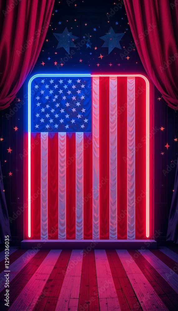 Poster neon american flag display with curtains and starry background
