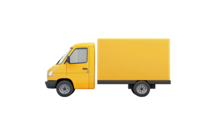 Bright yellow delivery truck parked on a plain white background with side view showcasing its cargo spacecut out 