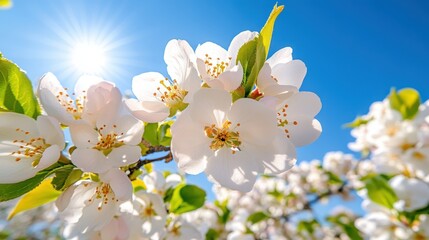 Obraz premium Blooming spring orchard showcasing soft golden sunlight and vibrant white blossoms