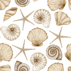 Beige seashells marine seamless pattern. Watercolor sea print vintage. Hand drawn illustrations starfish, spiral in pastel colors, isolated for textile design, fabric, packaging, clothes, wallpaper