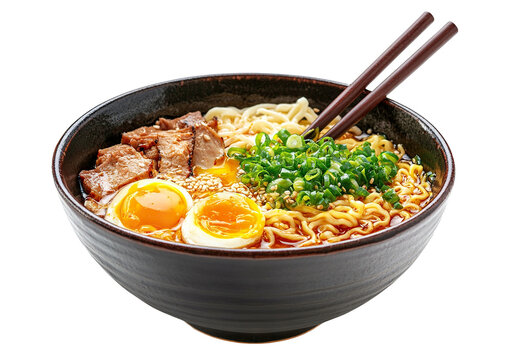 Delicious ramen bowl with noodles, meat, egg, and green onions, isolated on transparent cutout background
