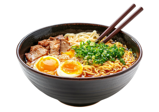 Delicious ramen bowl with noodles, meat, egg, and green onions, isolated on transparent cutout background - Powered by Adobe