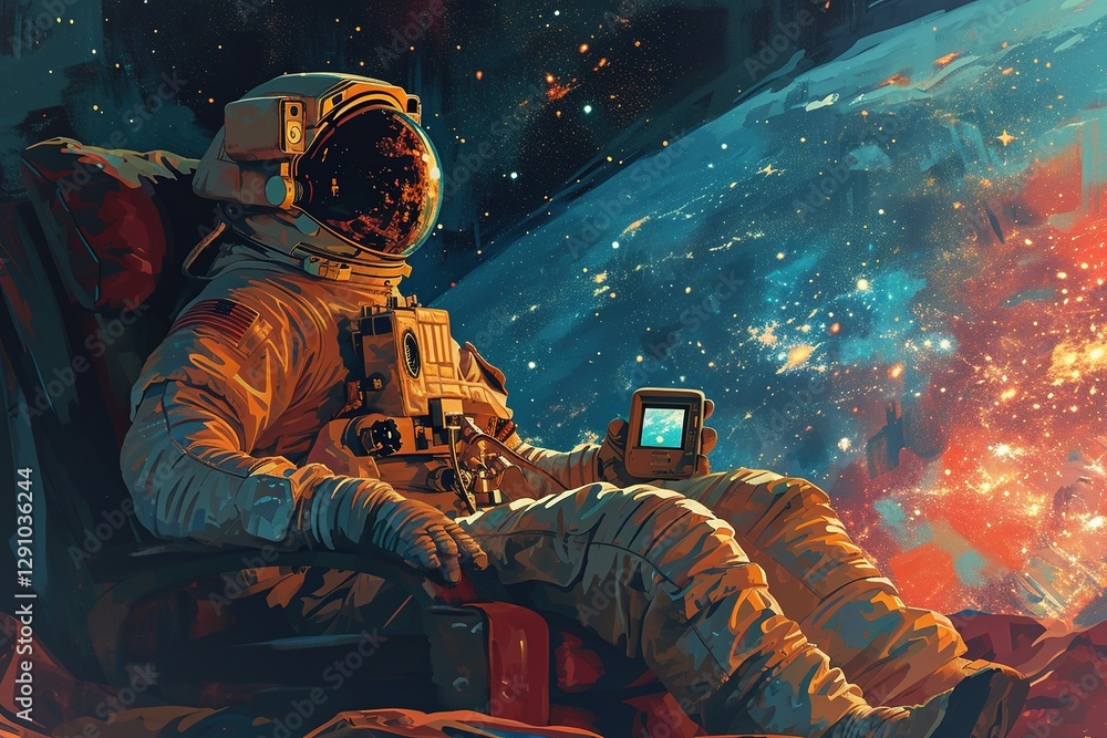 Wall mural an astronaut in a spacesuit and helmet sits relaxed in a soft chair in space against the backdrop of
