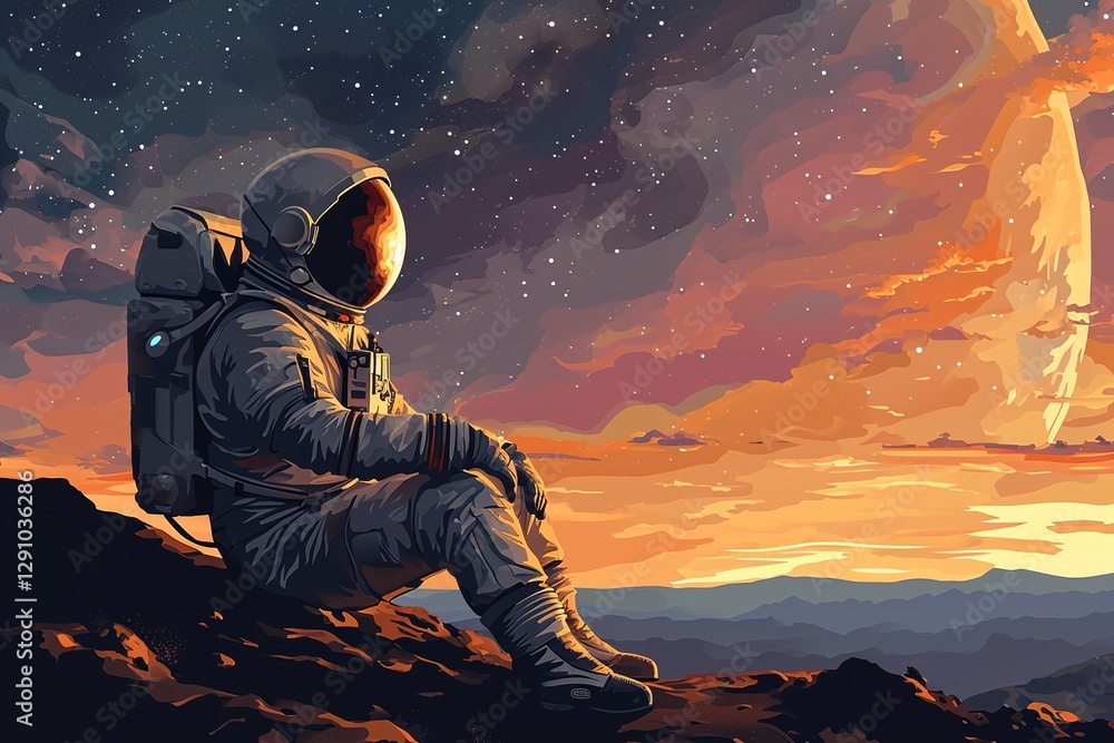Wall mural illustration of profile view astronaut in space uniform sitting on surface on another planet and thi