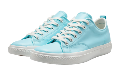 Pair of light blue sneakers with white soles and laces, transparent background