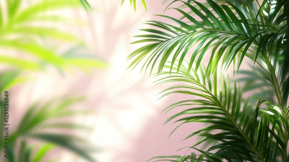 Poster Sunlight filters through palm leaves, casting soft, blurred shadows on a serene surface. The interplay of light and greenery enhances the tranquil atmosphere, inviting calm reflection