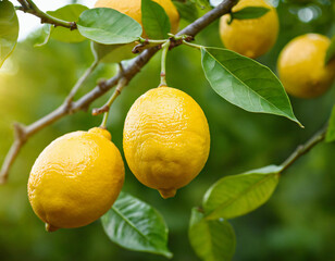Fresh Yellow Lemons Hanging on a Green Leafy Branch
