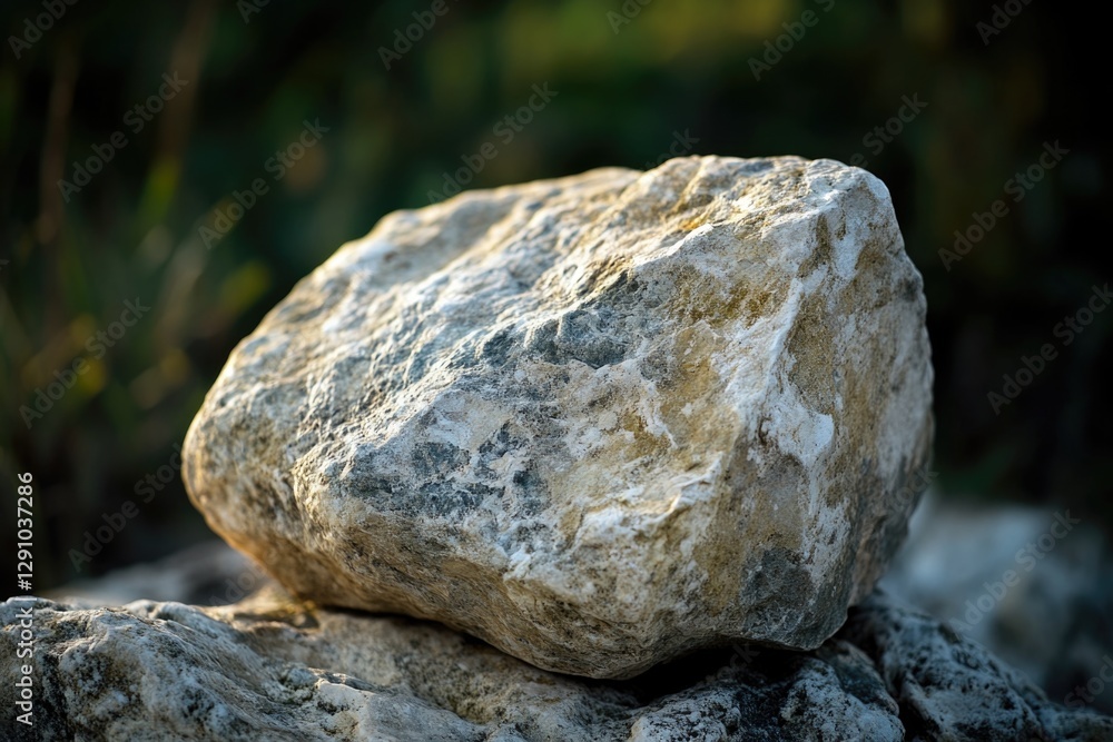 Poster a large rock sits atop a pile of smaller rocks, creating a natural sculpture