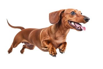 Dachshund joyfully leaps in mid-air showcasing excitement and energy in a playful moment,cut out 