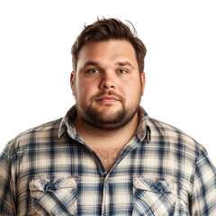 Obraz premium Portrait of a confident overweight man with a beard, wearing a plaid shirt, on a transparent background, Overweight Man Portrait Isolated on transparent background