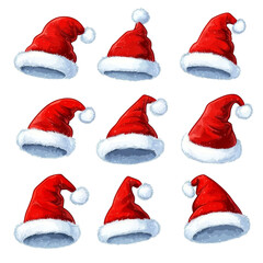 A collection of festive Santa Claus hats isolated on a transparent background, perfect for celebrating the holiday season with joy and cheer, christmas santa claus hats isolated transparent background