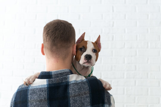 Man with dog over shoulder against a white brick wall