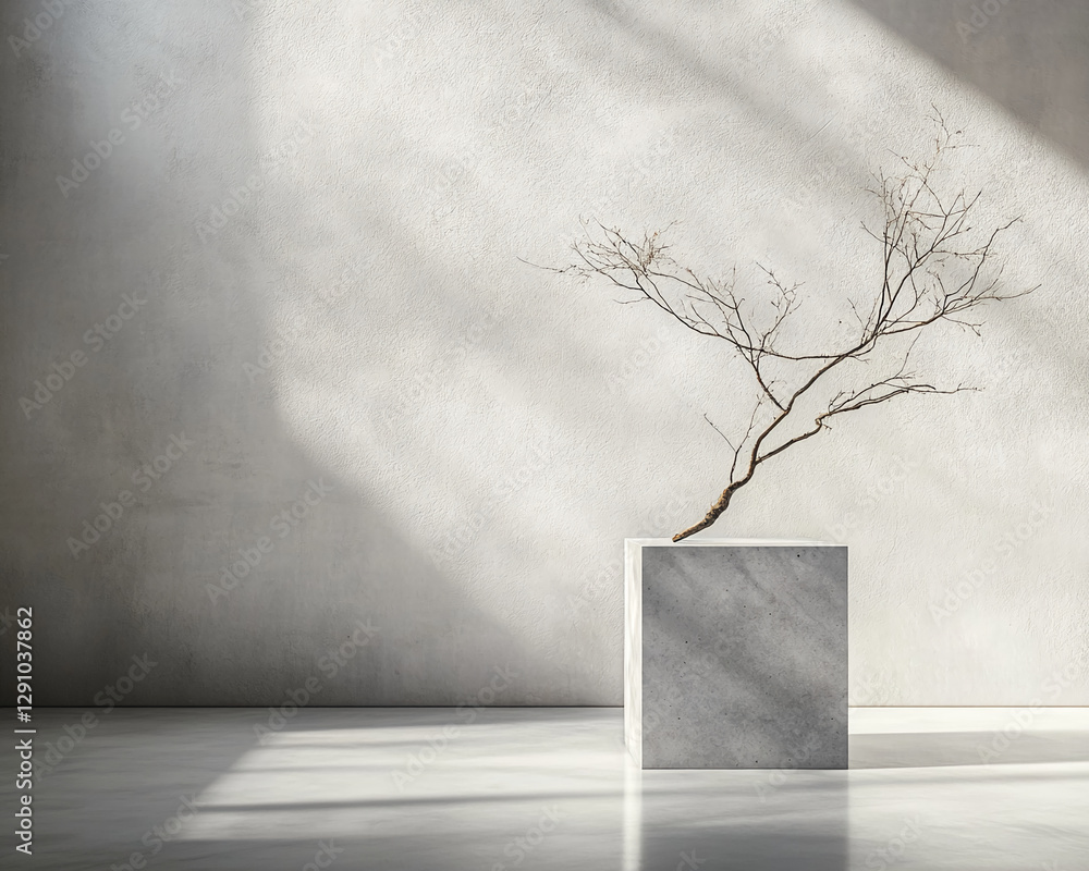 Poster A minimalist interior featuring a concrete cube with a bare tree branch, casting shadows in soft sunlight, symbolizing simplicity, tranquility, and modern design aesthetics