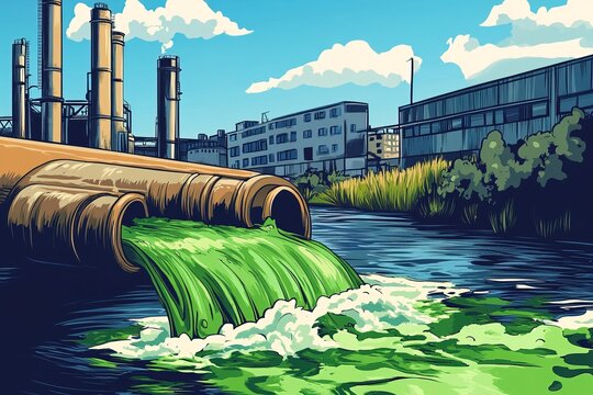 cartoon illustration factory drains chemical green toxic waste from pipe into water, polluting the environment