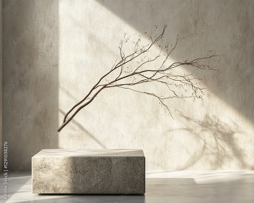 Poster A minimalist interior with a simple stone cube and a bare tree branch casting soft shadows on the wall, symbolizing tranquility, balance, and modern design aesthetics