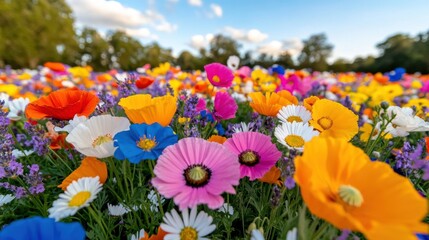 Obraz premium Vibrant meadow of wildflowers under a clear sky at midday