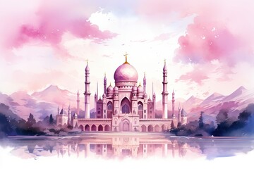 Obraz premium watercolor illustration of beautiful white Arab mosque surrounded by trees and palms reflecting in water at pink sunrise
