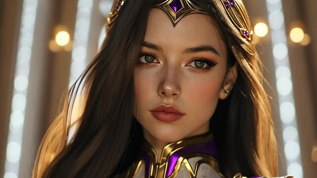 Young woman in regal costume with intricate details and dramatic lighting at a fantasy-themed event