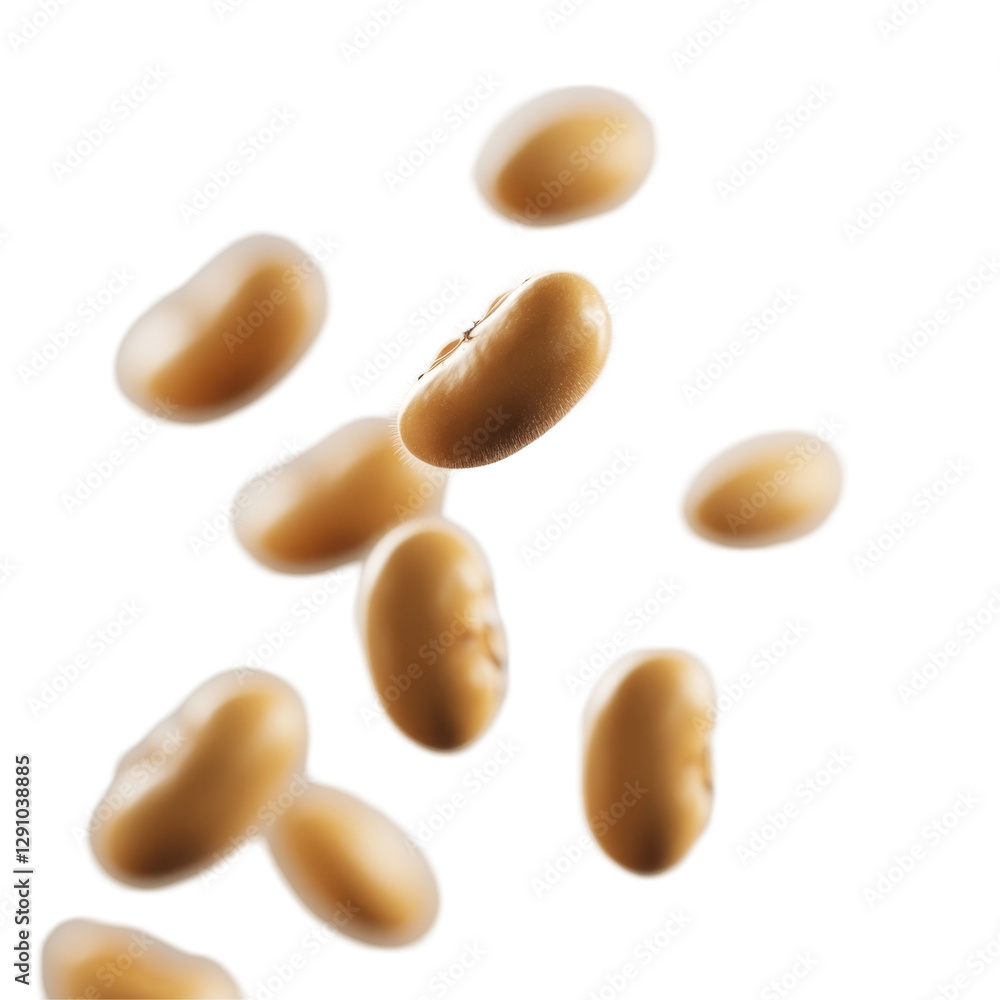 Poster a group of floating soybeans isolated on a light background, showcasing their unique shapes and text