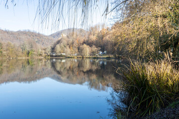 Lake with a reflection of the trees and mountains in the water