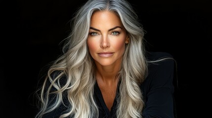 Fototapeta premium A captivating woman with flowing silver hair showcases a natural makeup look and confident expression in a contemporary studio. The dark backdrop accentuates her features