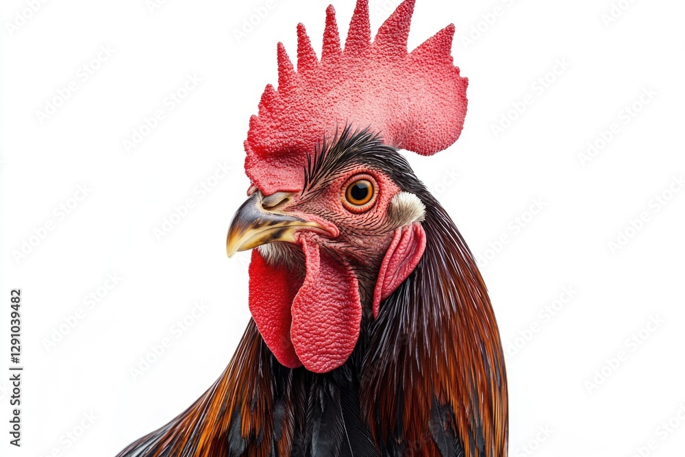 Poster a close-up image of a rooster's head on a white background, ideal for use in farm-themed designs or 