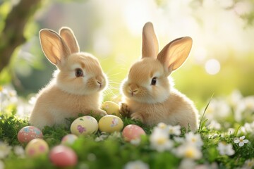 Fototapeta premium Playful rabbits in a sunlit garden with colorful easter eggs