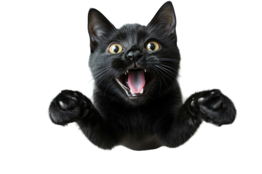 Black cat with a joyful expression energetically leaping towards the camera against a white background,cut out 