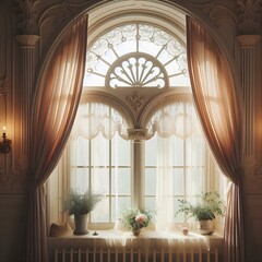 Luxurious arched window with ornate decor and plants