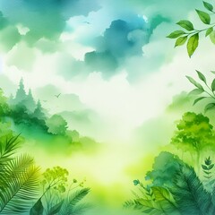 Fototapeta premium Watercolor green leaves and clouds background 