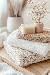 Soft, neutral-toned towels are arranged on a wooden tray beside a simple vase with dried flowers, enhancing a calming interior design in a bathroom setting
