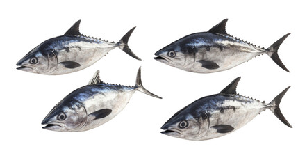 Fototapeta premium Fresh tunas displayed on a white background highlighting their shiny scales and fresh appearance for seafood lovers