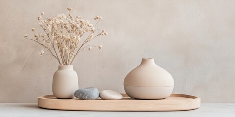 This interior design concept features a minimalist arrangement with dried flowers, smooth stones, and elegant pottery. Soft colors create a calming vibe