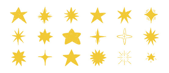 Crayon pencil stars hand drawn set. Chalk twinkle, blink, firework, glitter silhouette and sparkles glowing symbols in sketch style. Vector doodle texture illustration