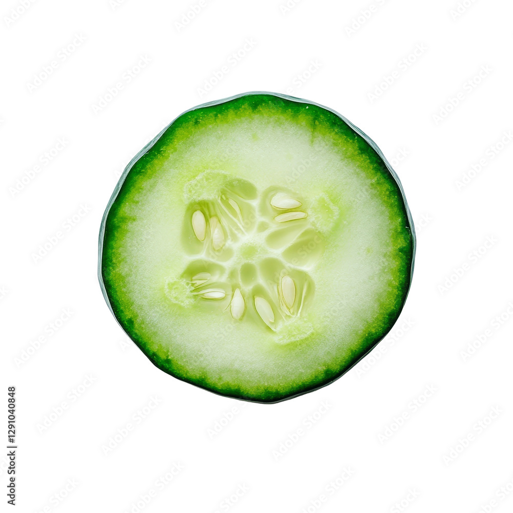 Poster freshly cut cucumber slice showcasing vibrant green color and juicy texture on a clean transparent b