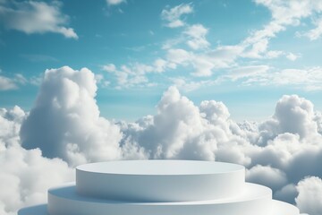 3D display podium blue background. White cloud with pedestal in the sky for beauty, cosmetic product presentation. 3d render, dreamy mockup. Natural, realistic cloudscape. Heaven concept