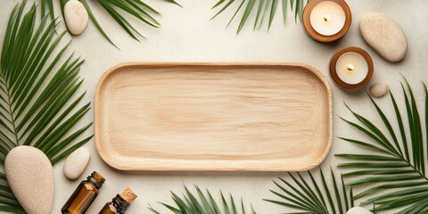 A tranquil arrangement features a wooden tray surrounded by candles, essential oils, and smooth stones, enhancing a peaceful interior design concept