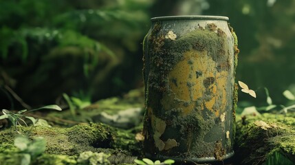Moss-Covered Soda Can in the Forest