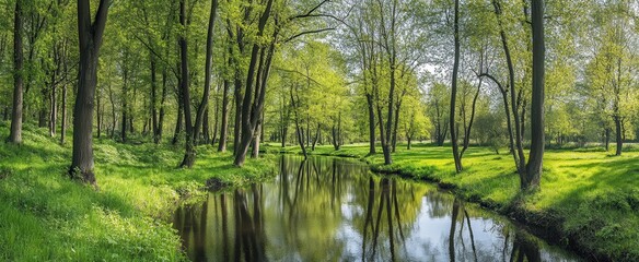 Serene Landscape: A Picturesque View of Lush Green Trees Reflecting in a Calm Stream