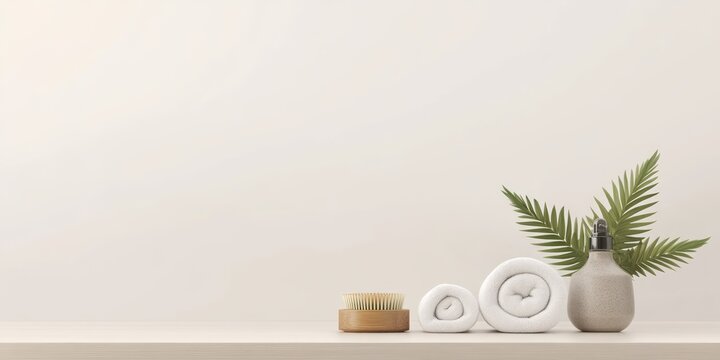 Stylish bathroom arrangement showcases rolled towels, a natural brush, and a plant, creating a calming atmosphere for relaxation and personal care