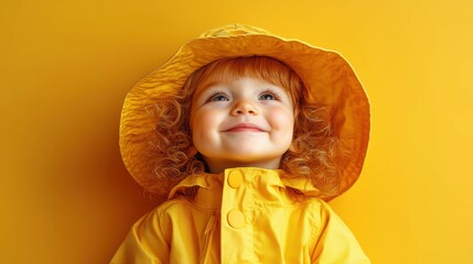 A child with curly hair is wearing a bright yellow raincoat and matching hat, joyfully looking up with a big smile against a solid yellow backdrop, evoking feelings of happiness and warmth
