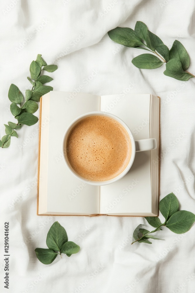 Poster a tranquil setting displays a coffee cup on an open book with soft linens and fresh greenery, creati