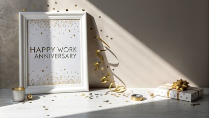 A festive work anniversary display with a framed greeting, golden decorations, and a gift box, set against a softly lit background.