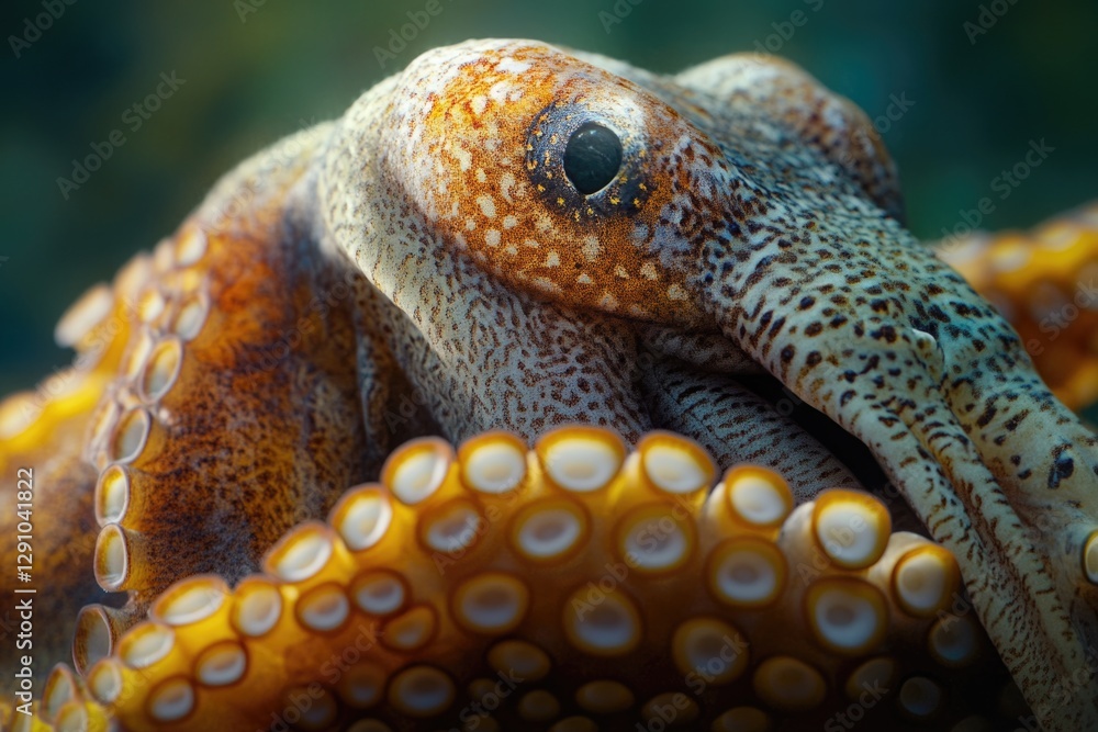 Poster close-up shot of an octopus's head and tentacles, ideal for use in educational or scientific context