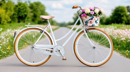 Fototapeta premium Vintage bicycle with floral basket parked on a scenic pathway surrounded by greenery and flowers on a sunny day