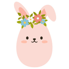 Cute pink Easter egg with bunny ears and flower wreath. Great for cards, banners, wallpapers, invitations, covers. Flat vector illustration isolated on white background.