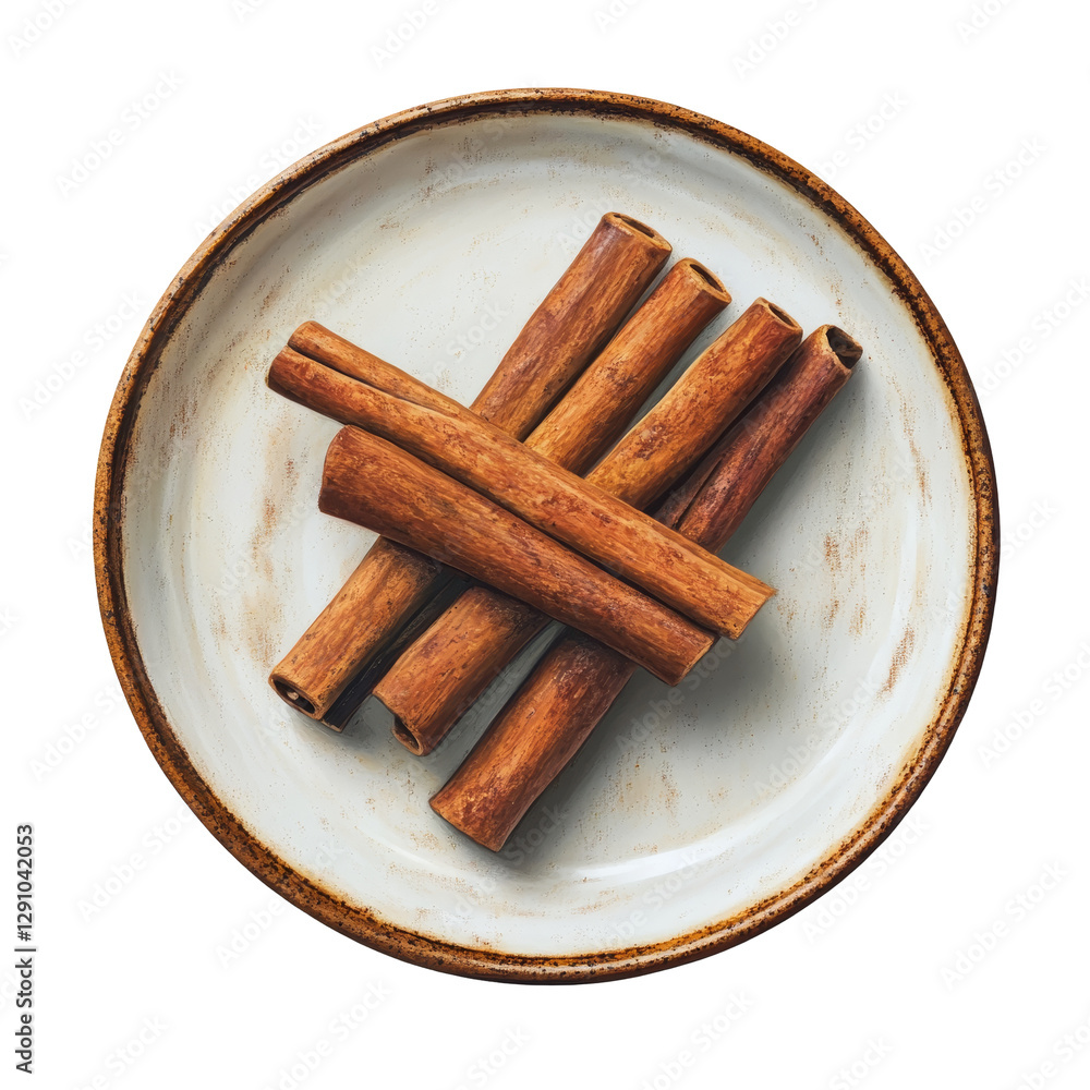Aufkleber cinnamon sticks arranged on a rustic plate resting against a transparent background with a touch of 